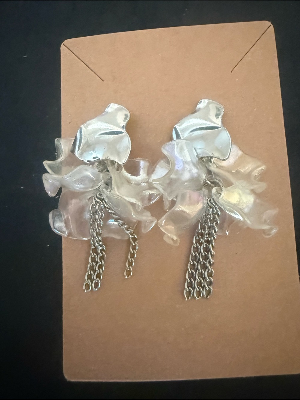 Iridescent Clear Floral Drop Earrings with Silver Chain Tassels